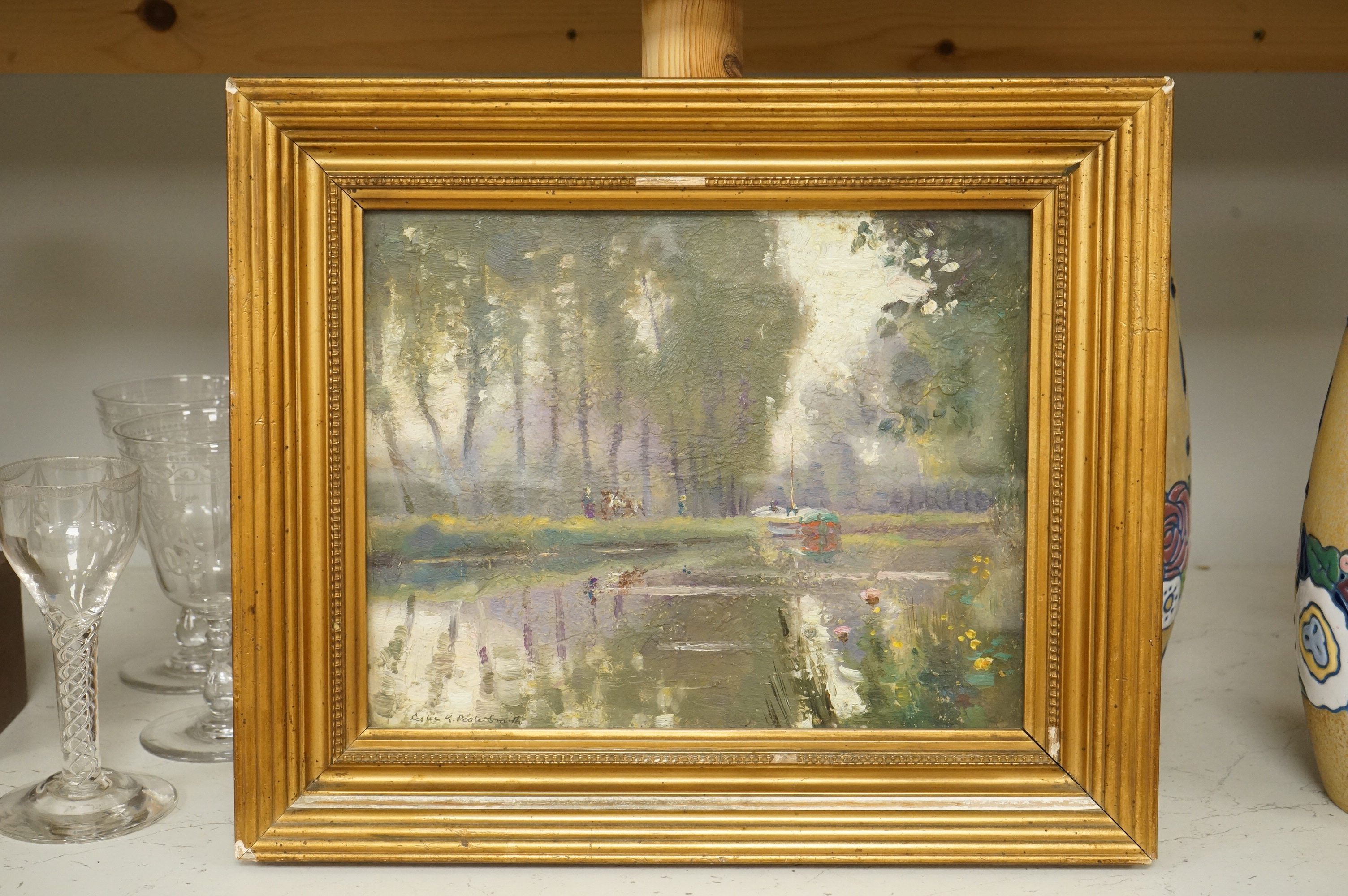 Leslie Poole-Smith (19th / 20th. C), 'French Shady River', signed, impressionist oil on board, 20 x 26cm, gilt framed